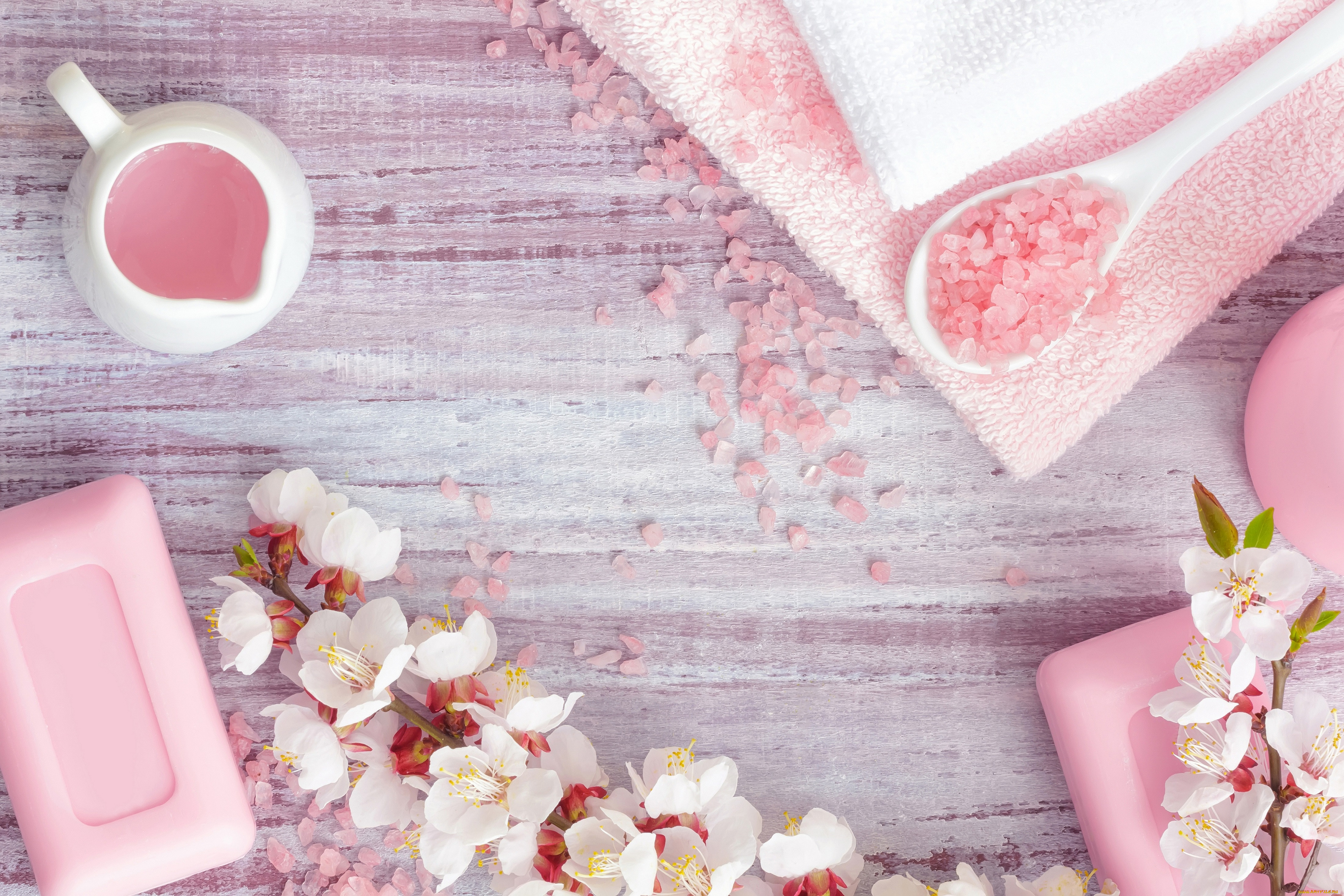 ,  , , soap, towel, , , sea, salt, twigs, , , spa, flowers, , 